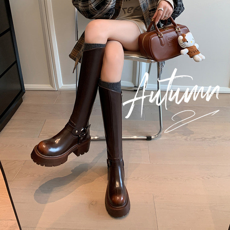 Karin Luna In Stock Spot Goods Round Toe Thick Sole Belt Buckle Straight Long Boots