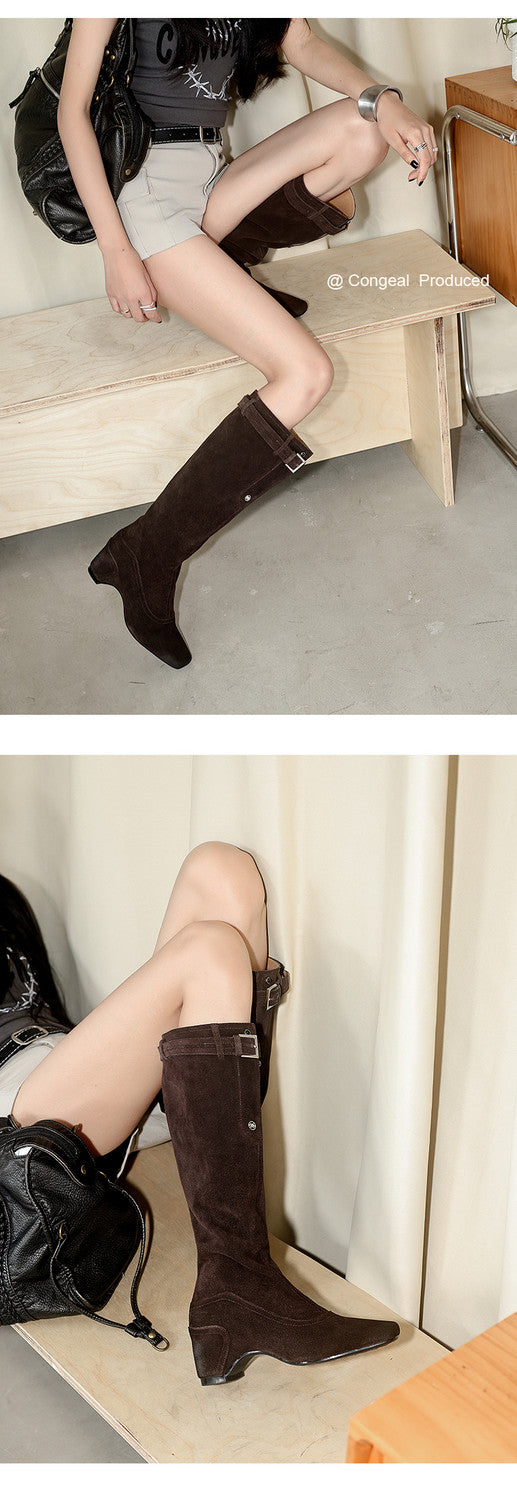 Karin Luna Belt Buckle Elegant Chunky Heel Suede Western Boots