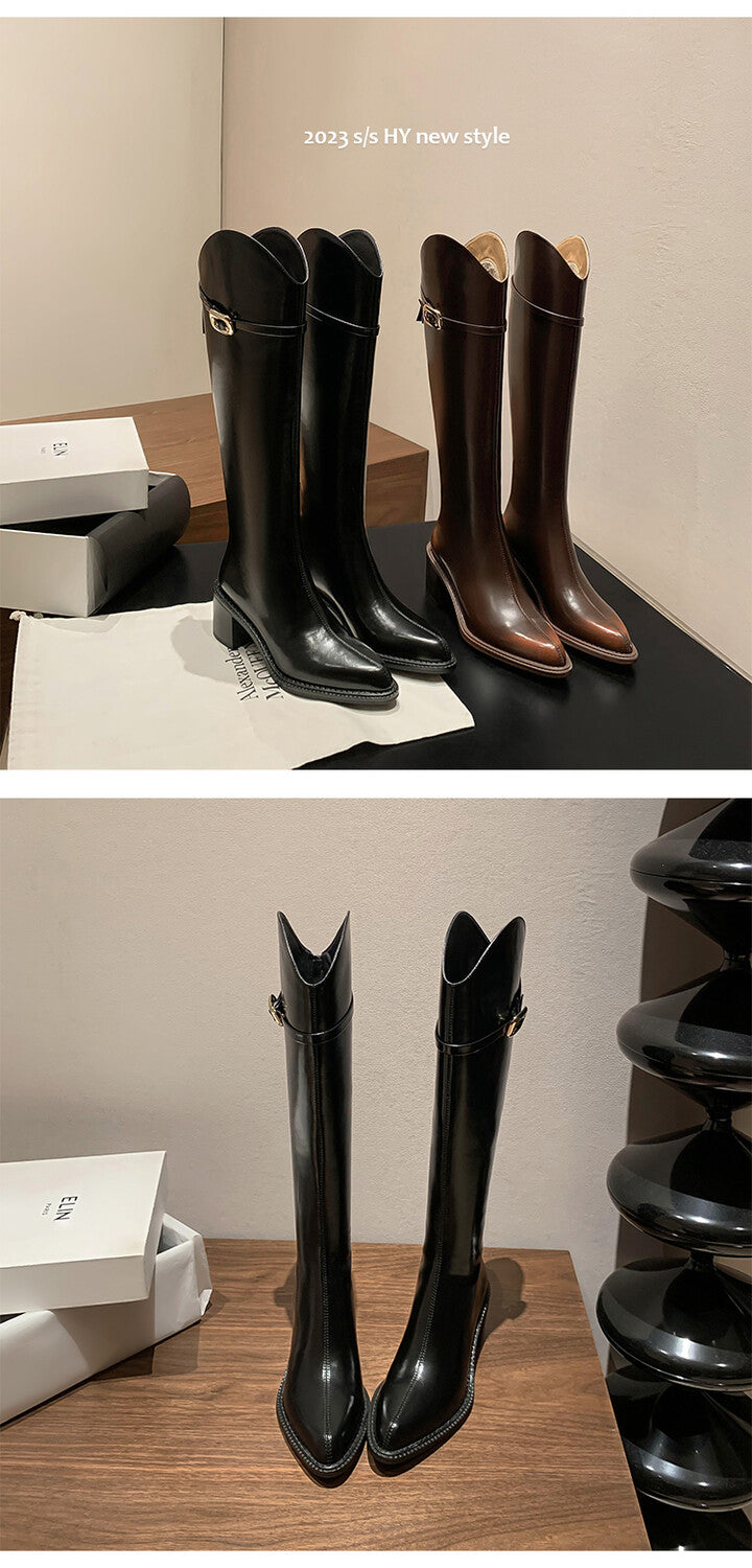 Karin Luna Bestseller  Popular Understood everything  Basic Elegant Outfit Pointed Toe Chunky Heel Full Cowhide I Am A Knight Boots