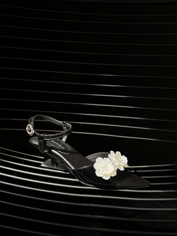 Karin Luna In Stock Spot Goods  Classic Camellia Pointed Toe Elegant Irregular Heel Sandals