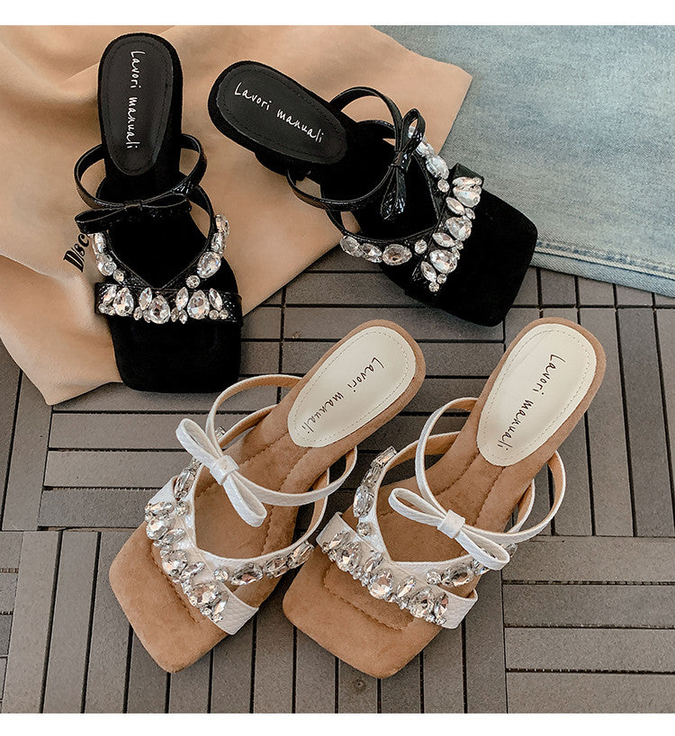 Karin Luna In Stock In Stock  Square Toe Rhinestone Bow Suede Slippers