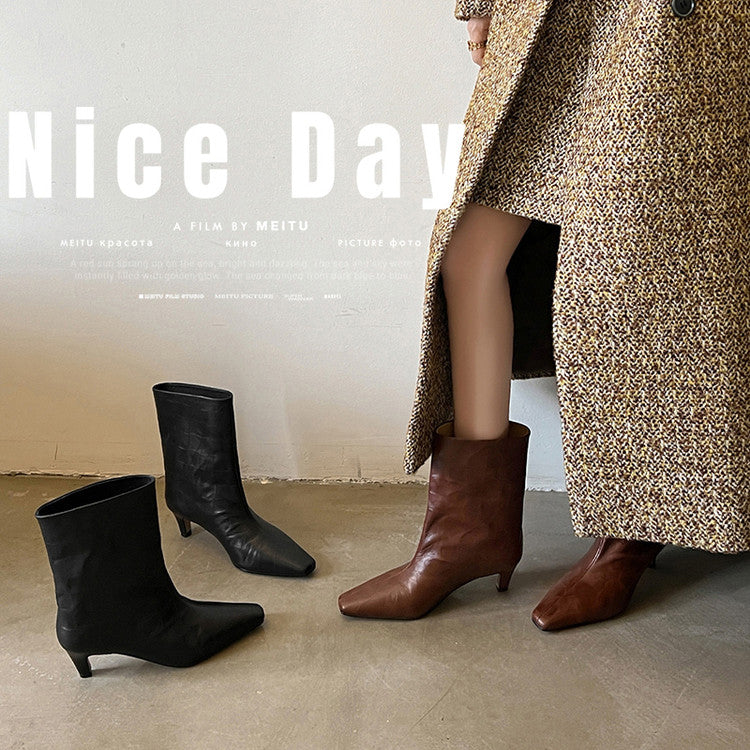Karin Luna In Stock Spot Goods Top Layer Stone Pattern Cowhide Textured Small Square Toe Straight Short Boots