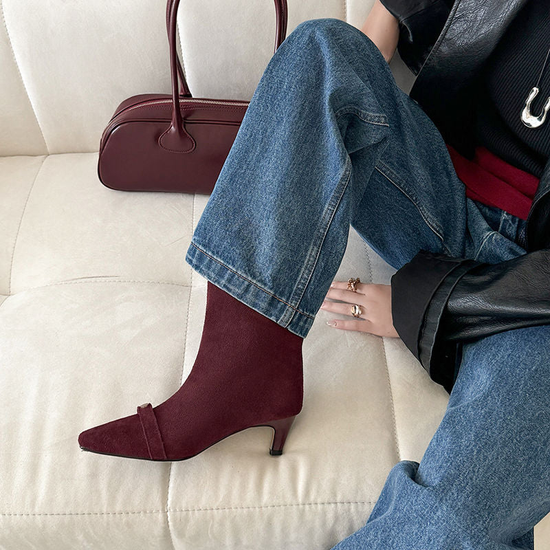 Karin Luna Elegant Style Small Square Toe Belt Buckle Thin Heel Short Boots