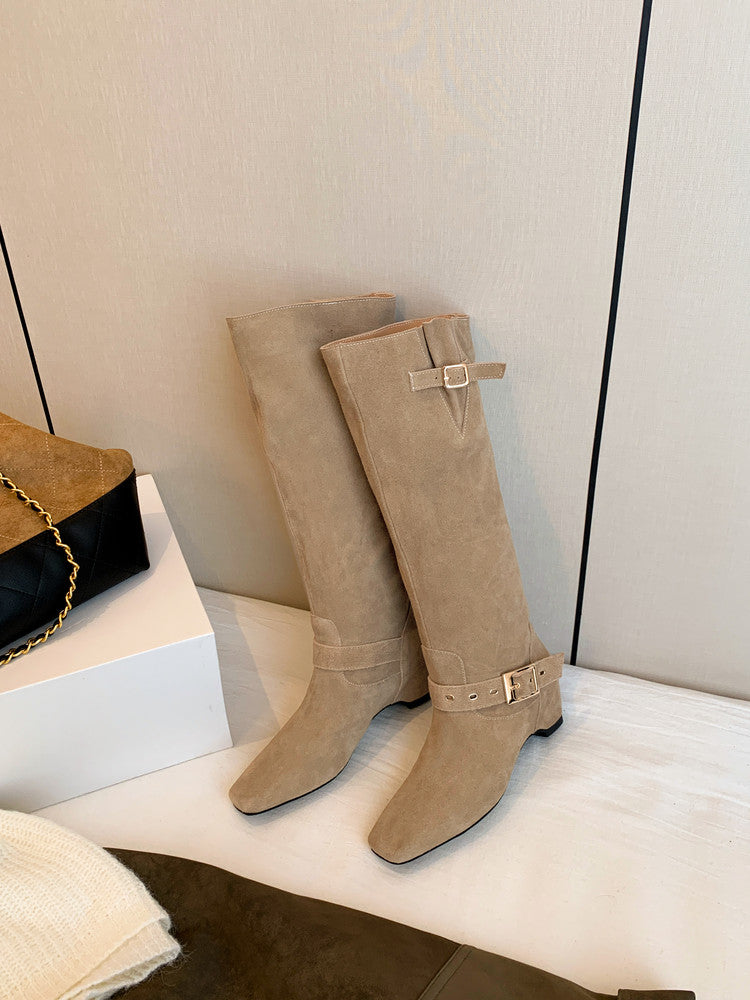 Karin Luna Data Model Belt Buckle Matte Square Toe Hidden Wedge Slouch Western Boots