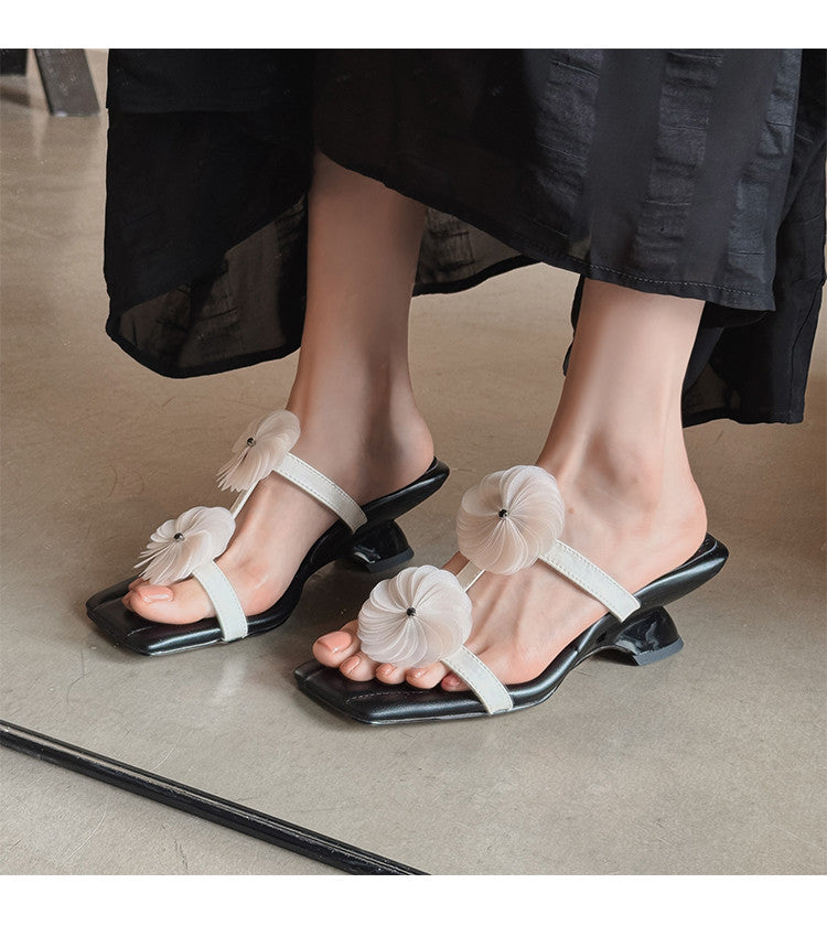 Karin Luna Hot-Selling Floral Square Toe Irregular Heel Floral Slippers