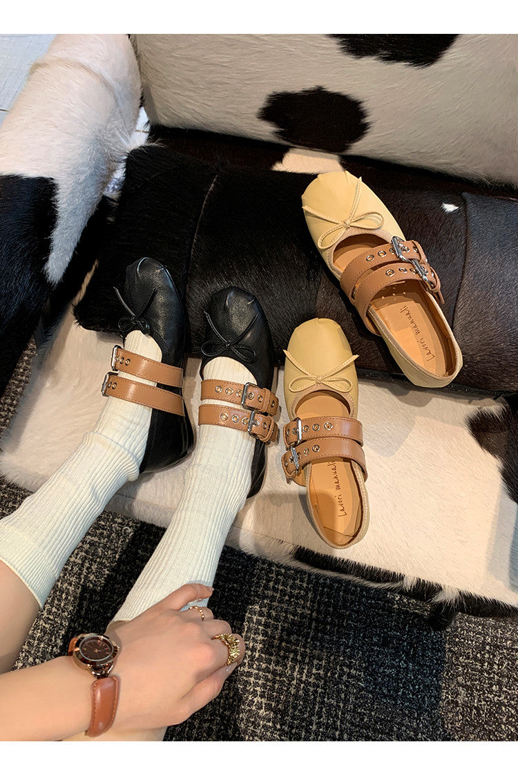 Karin Luna In Stock Spot Goods Minimalist Retro Round Toe Mary Jane Bowknot Height-Increasing Flats