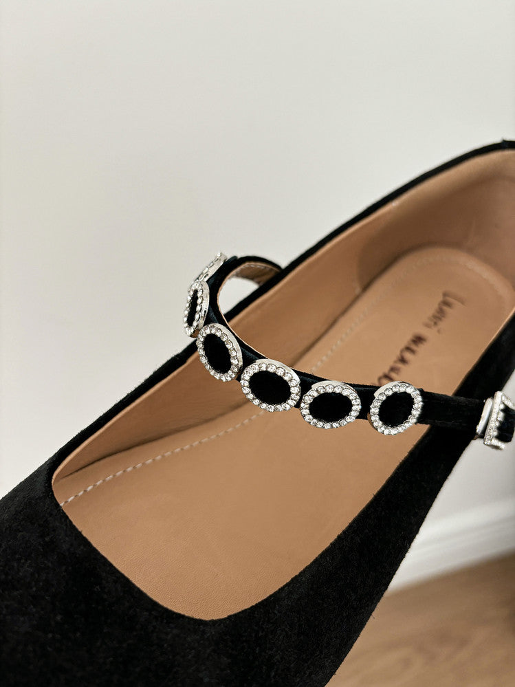 Karin Luna In Stock Spot Goods  Vintage Full Leather Square Toe Rhinestone Strap Shallow Mouth Single Shoes