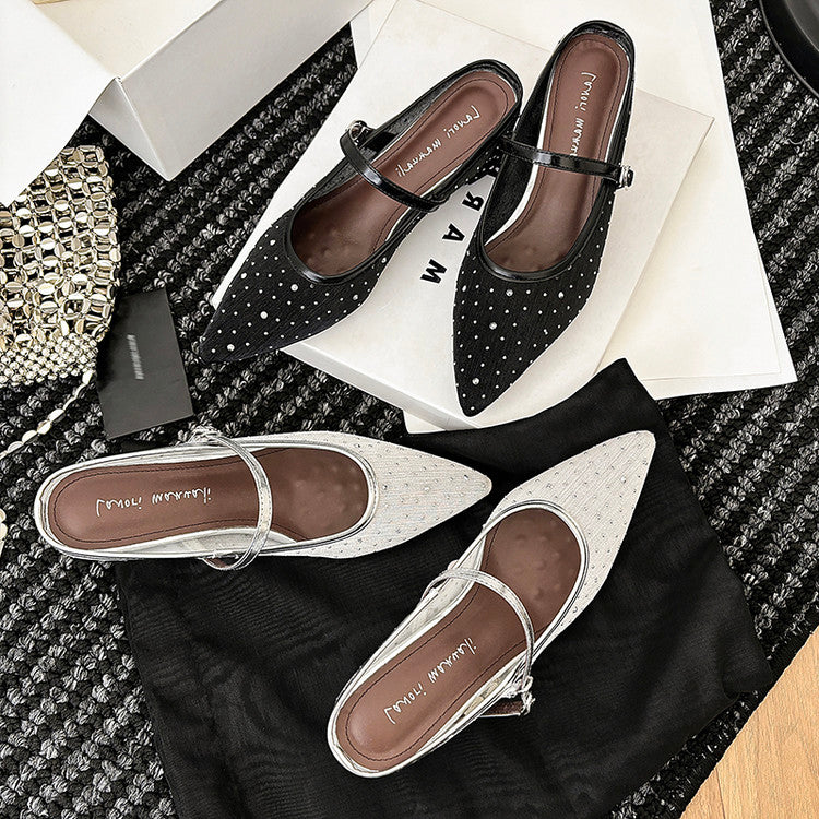 Karin Luna In Stock Spot Goods  Breathable Mesh Fabric Embellished Hand Drill Pointed Toe Slippers