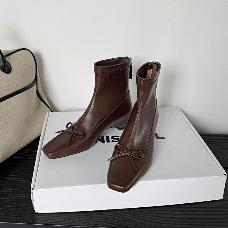 Karin Luna French Style Square Toe Bowknot Hidden Wedge Slim Boots