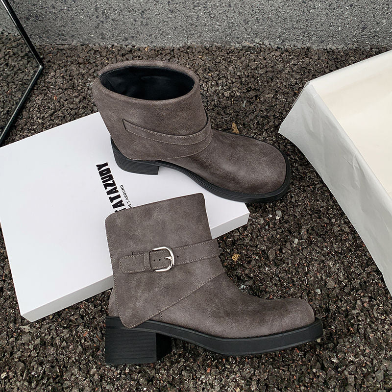Karin Luna In Stock Spot Goods Versatile Basic Round Toe Belt Buckle Thick Sole Tube Boots