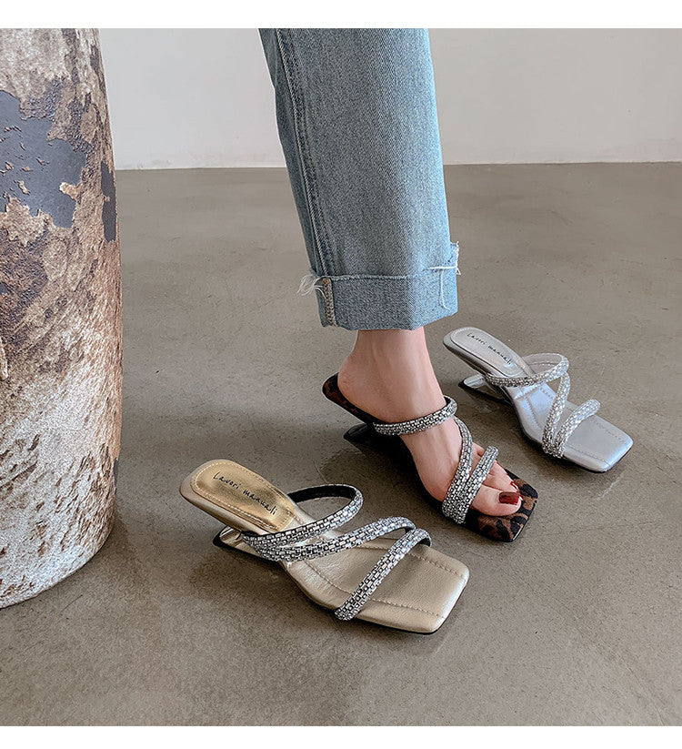 Karin Luna In Stock Spot Goods  Rhinestone One-Strap Irregular Heel Square-Toe Slippers