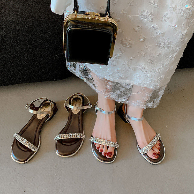 Karin Luna In Stock In Stock  Rhinestone Strap Round Toe Chunky Heel Sandals