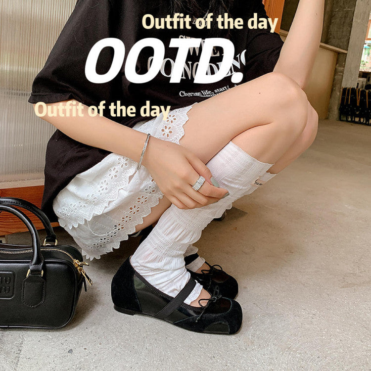 Karin Luna In Stock Spot Goods    Color Block Cowhide Leather Square Toe Slip-On Height Increasing Bowknot Flats