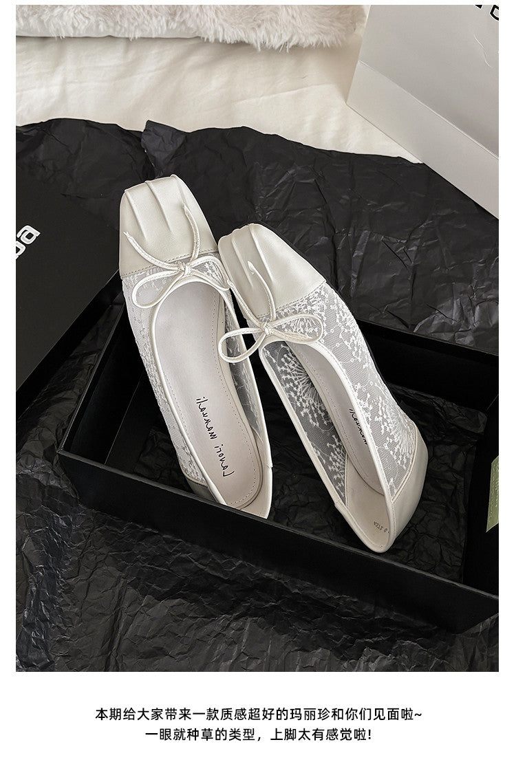 Karin Luna In Stock In Stock  Wrinkled Square Toe Patchwork Breathable Mesh Bow Granny Shoes