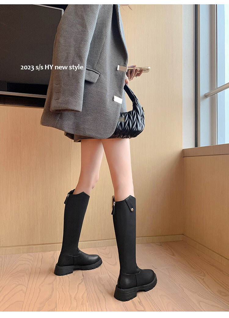 Karin Luna Hot-Selling In Stock   Basic Casual Hot-Selling Round-Toe Long Boots Full Cowhide Leather Long Boots Flat Bottom Hot Sale