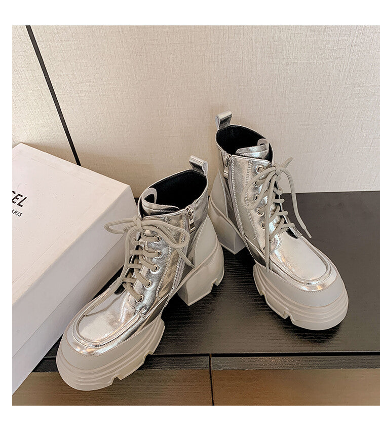Karin Luna Casual Thick Sole Full Cowhide Lace-up Thick-soled Short Boots   Classic All-Matching