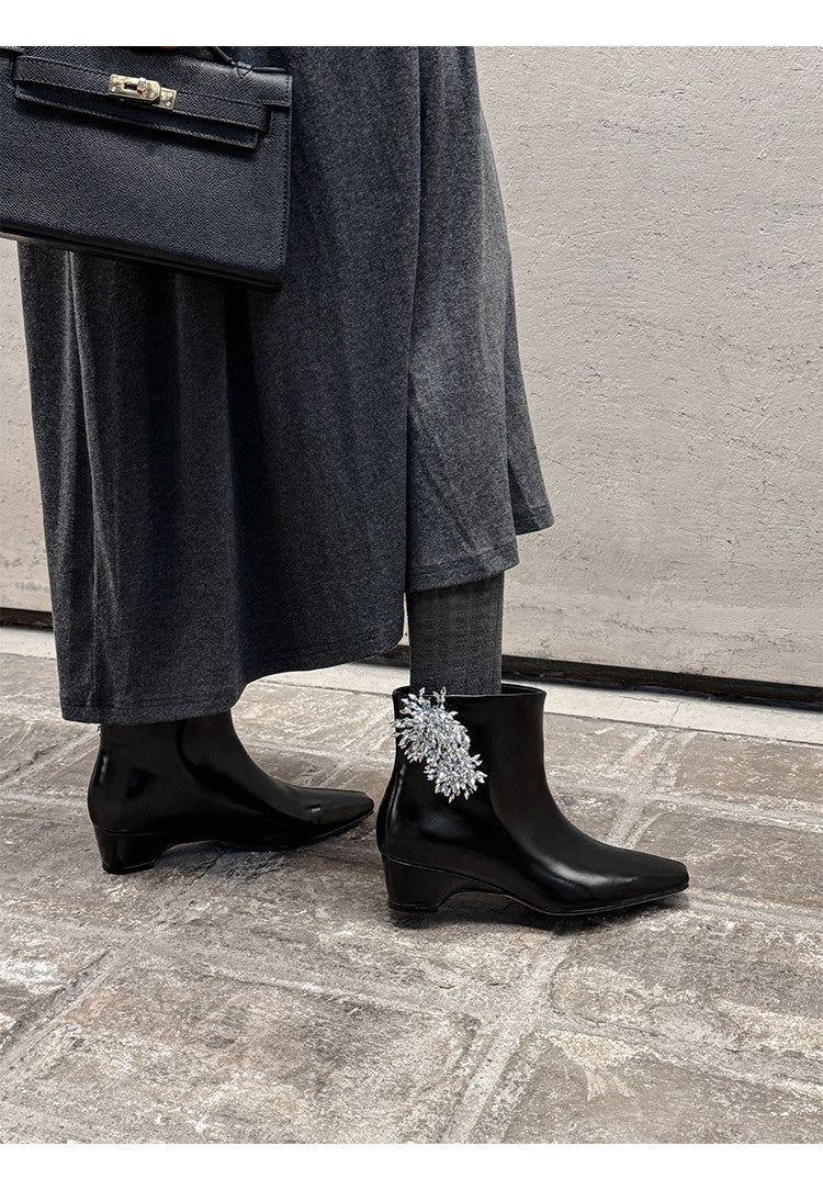 Karin Luna Elegant Style Square Toe Flower Design Height Increasing Short Boots with Two Front and Back Options