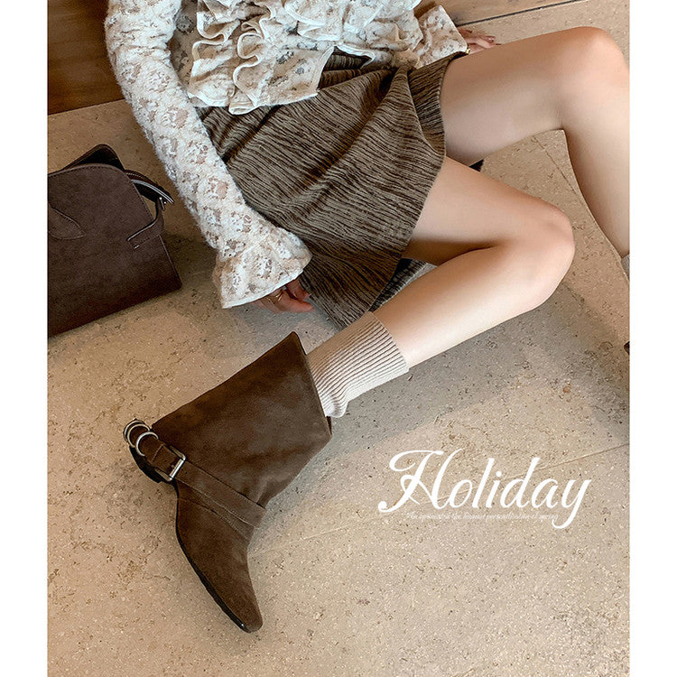 Karin Luna Data Hot Item Square Toe Hidden Wedge Belt Buckle Suede Ankle Boots