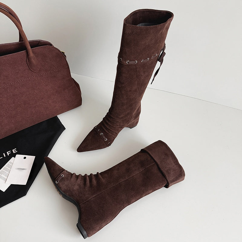 Karin Luna Elegant Style  Pointed Toe Pleated Hidden Wedge Western Boots