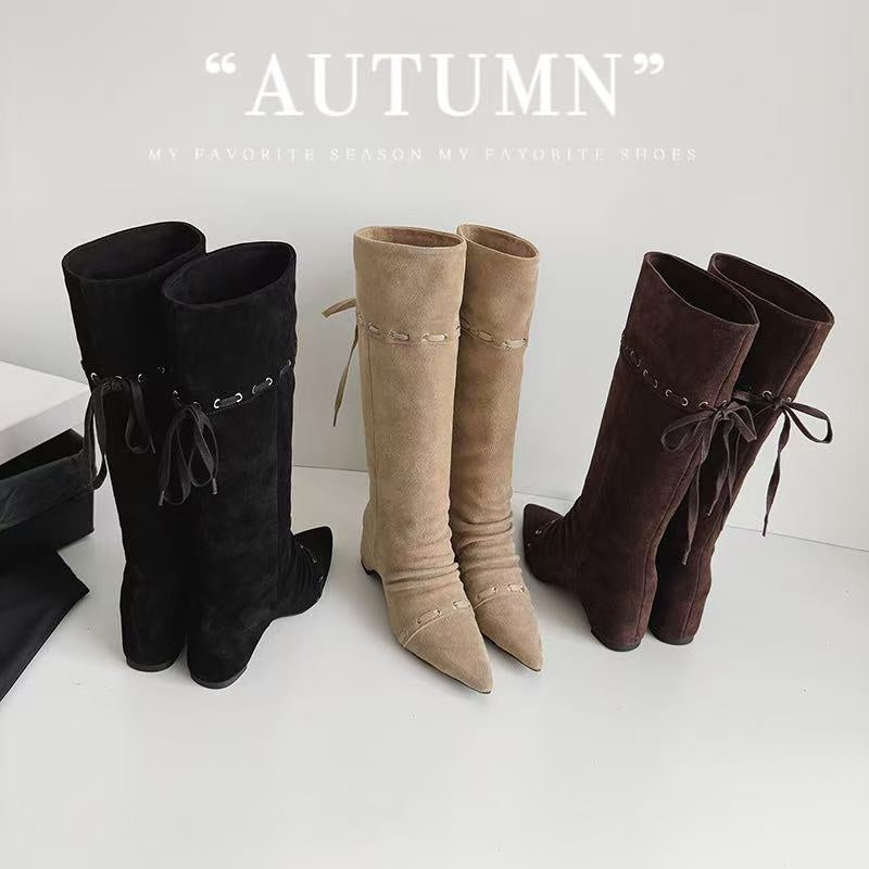 Karin Luna Elegant Style  Pointed Toe Pleated Hidden Wedge Western Boots