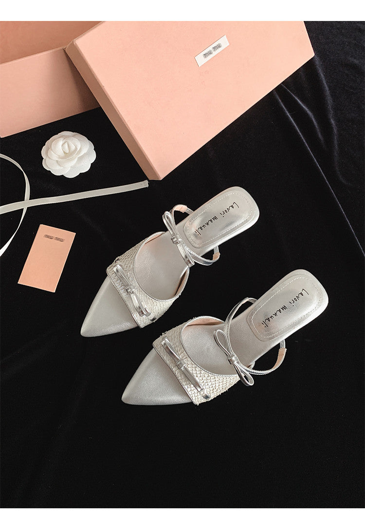 Karin Luna Fish Skin Series~Pointed Toe Irregular Heel Bowknot Strap Slippers