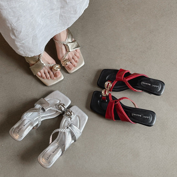Karin Luna Braided Style ~Cross Strap Square Toe Irregular Heel Slippers