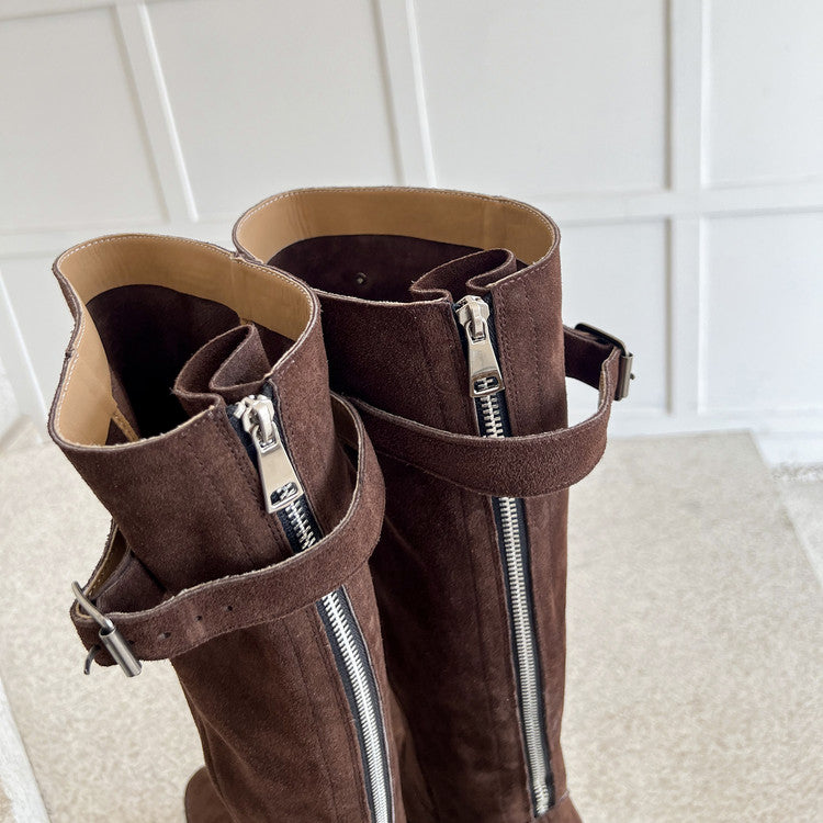 Karin Luna In Stock Spot Goods Retro Cowhide Leather Chunky Heel Suede Long Boots
