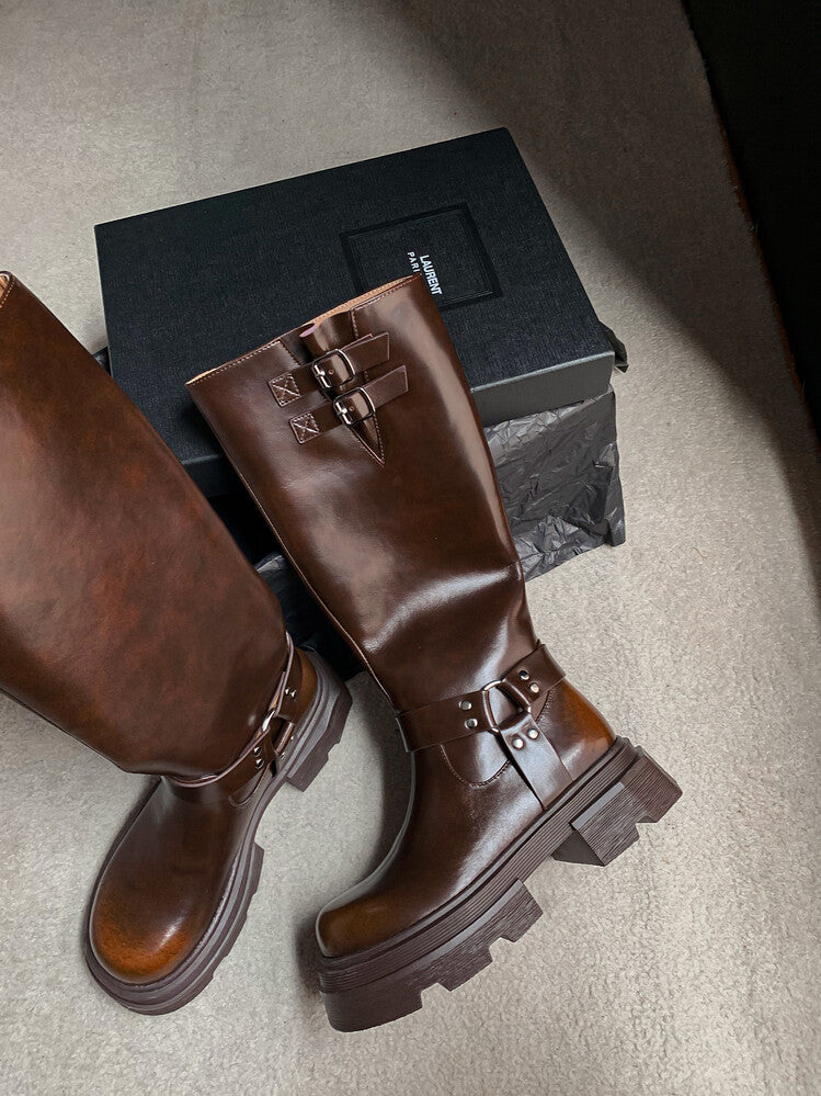 Karin Luna Full Cowhide  miumiu Popular Round Toe Thick Sole Beautiful and height-increasing
