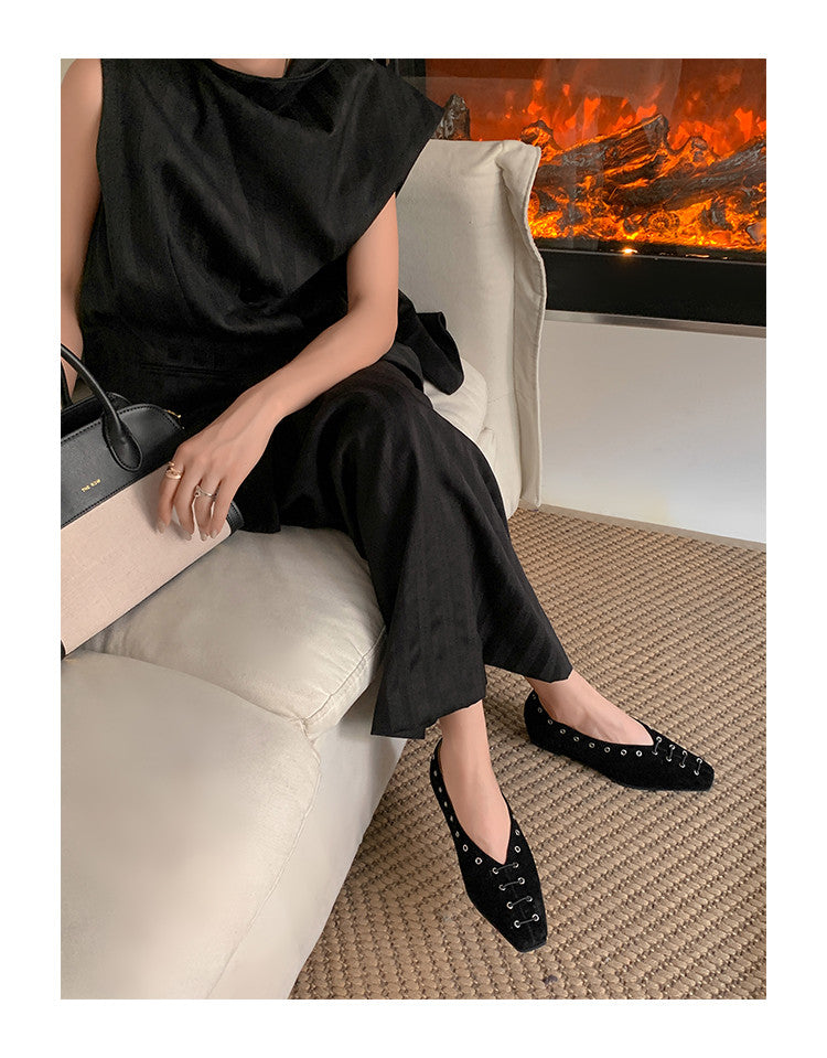 Karin Luna In Stock Spot Goods    Old Money Style Square Toe Suede Flats