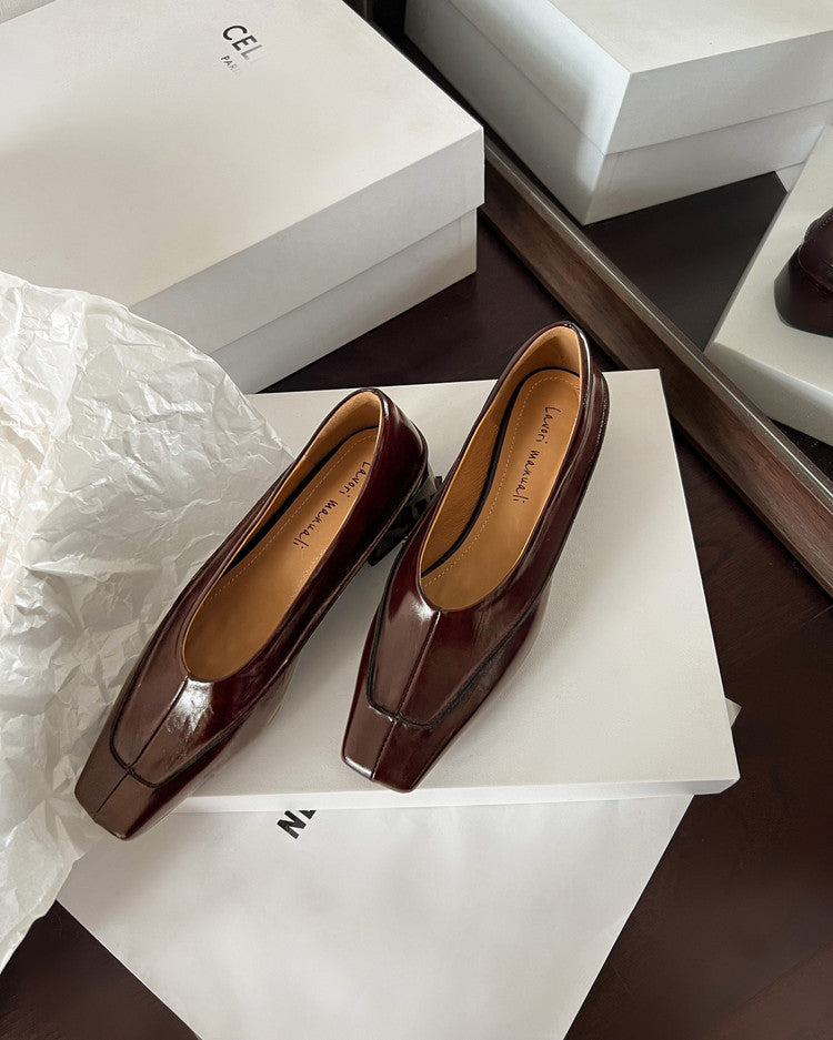 Karin Luna In Stock Spot Goods  Retro Full Leather Square Toe Shallow Mouth Single Shoes