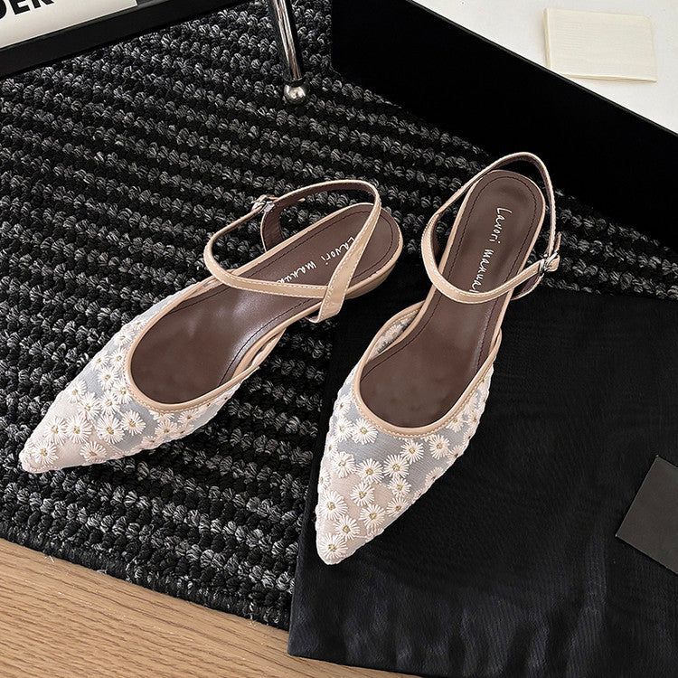 Karin Luna In Stock Spot Goods Embroidered Daisy Sheepskin Mesh Elegant Closed-Toe Slippers