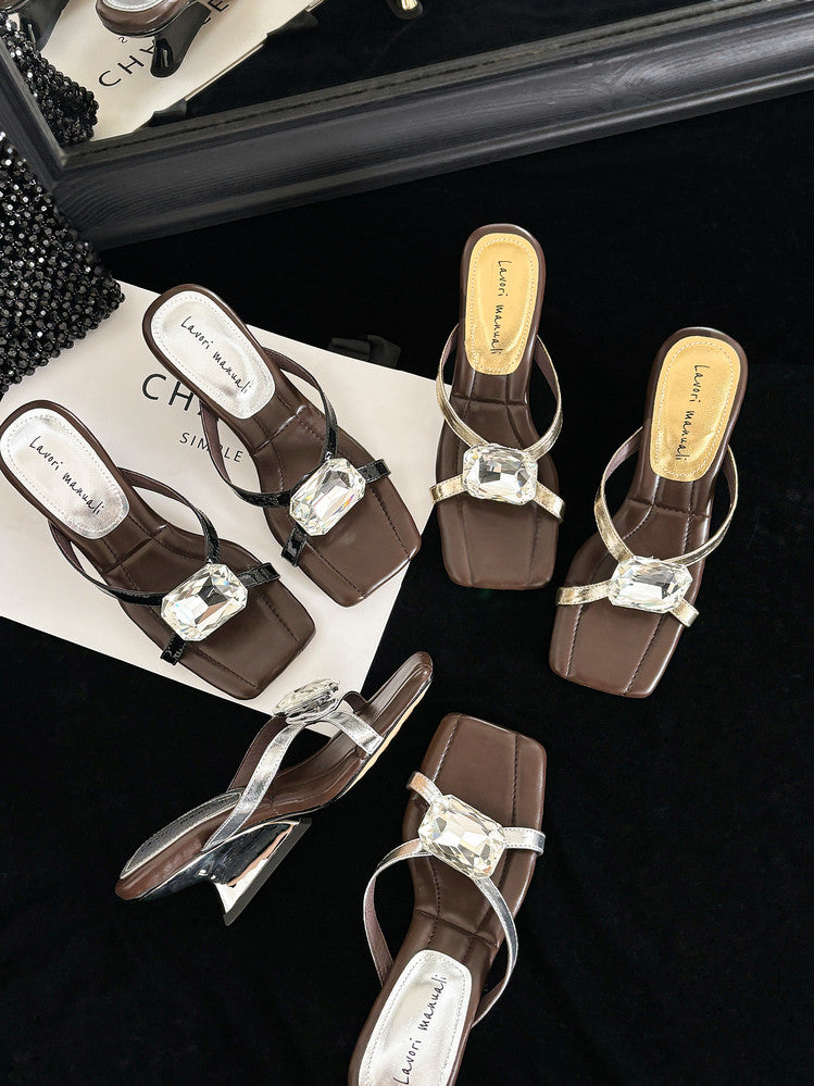 Karin Luna In Stock Spot Goods Rhinestone Square Toe Irregular Heel Slippers