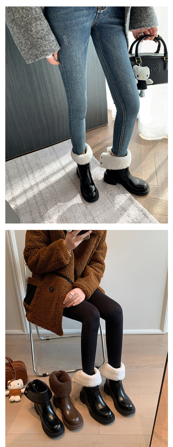 Karin Luna Classic Basic Style   Convertible Foldable Hidden Buckle Snow Fur Shoes Full cowhide Basic Flat Short Boots