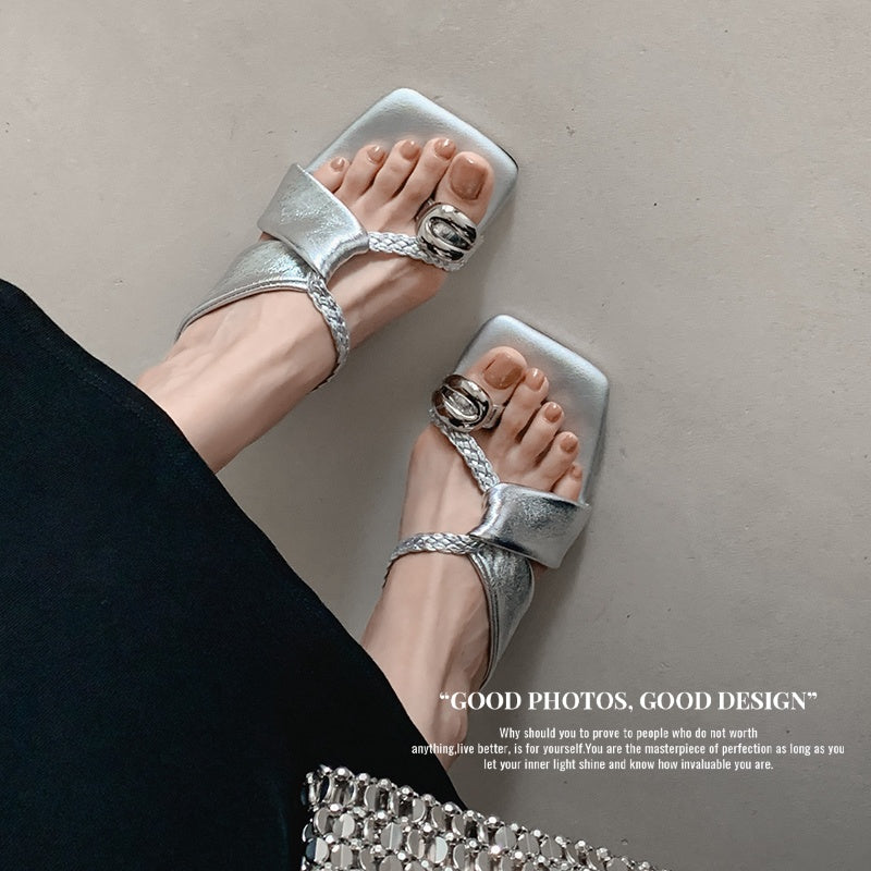Karin Luna Braided Style ~Cross Strap Square Toe Irregular Heel Slippers