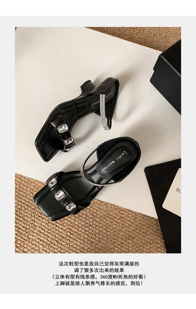Karin Luna Bestseller Popular Rhinestone Ribbon Square Toe Slippers