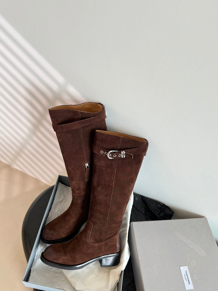 Karin Luna Chunky Heels Round Head Belt Buckle  Fashionable Suede Boots