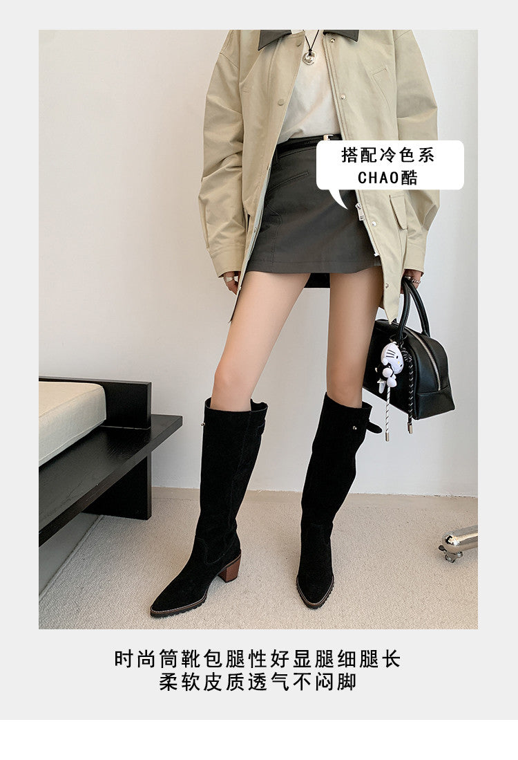 Karin Luna In Stock Spot Goods Retro Cowhide Leather Chunky Heel Suede Long Boots