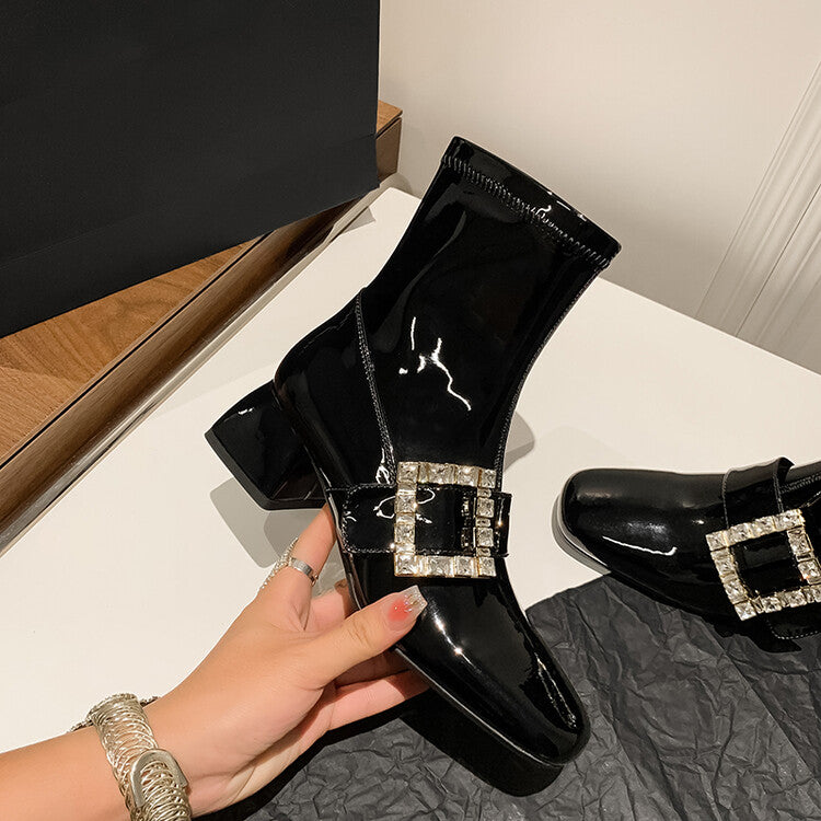 Karin Luna French Retro Square Buckle Rhinestone Chunky Heel Short Boots