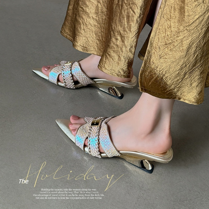 Karin Luna Fish Skin Series~Minimalist Pointed Toe Hot-Selling Unique Heel Slippers