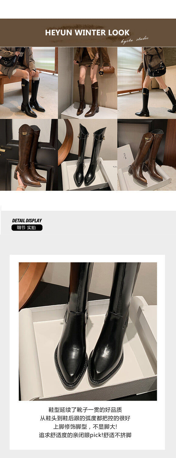 Karin Luna Hot-Selling Fasteners Sold as soon as listed Comes with data plan included Pointed Toe Chunky Heel Classic Full Cowhide Leather Riding Boots