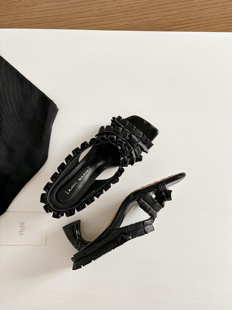 Karin Luna In Stock  Spot Goods  Unique Square-Toe Pleated Lace Sandals