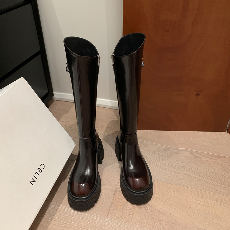 Karin Luna In Stock In Stock  Round Toe Thick Sole Belt Buckle Side Zipper Knight Boots