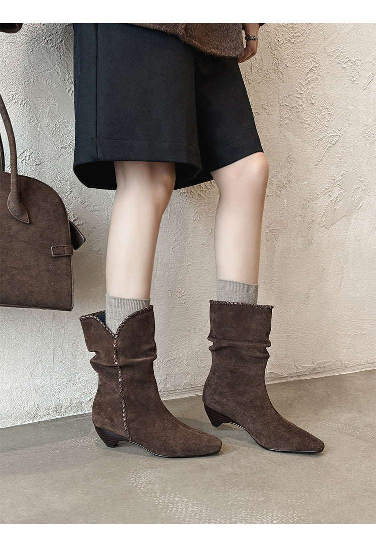 Karin Luna Small Square Toe Retro Ruched Pile Short Boots