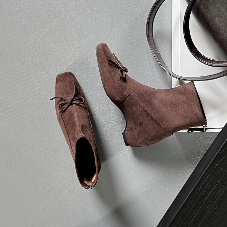 Karin Luna French Style Square Toe Bowknot Hidden Wedge Slim Boots