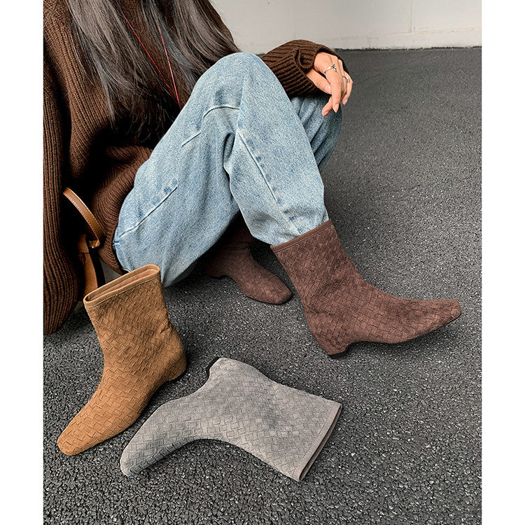 Karin Luna Handmade Woven Fabric Small Square Toe Hidden Heel Short Boots