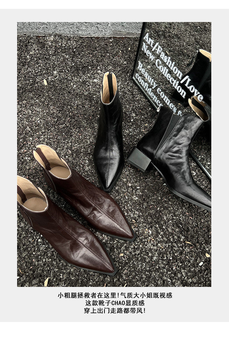 Karin Luna In Stock Spot Goods Elegant Stretch Fabric Patchwork Pointed Toe Chunky Heel Short Boots