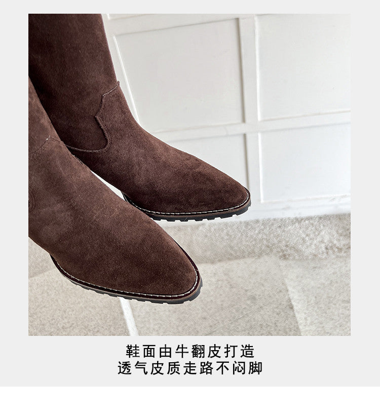 Karin Luna In Stock Spot Goods Retro Cowhide Leather Chunky Heel Suede Long Boots
