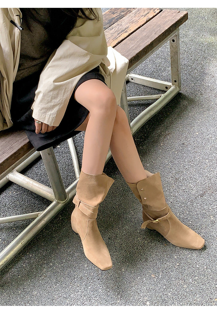 Karin Luna Foldable Belt Buckle Square Toe Hidden Wedge Short Boots