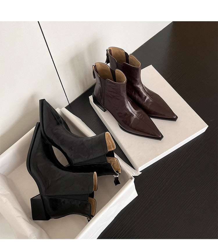 Karin Luna In Stock Spot Goods Elegant Stretch Fabric Patchwork Pointed Toe Chunky Heel Short Boots