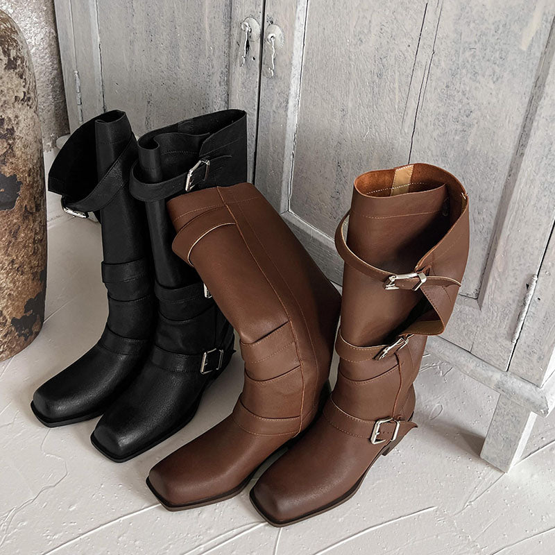 Karin Luna In Stock In Stock European and American Style Square Toe Thick Sole Belt Buckle Long Boots